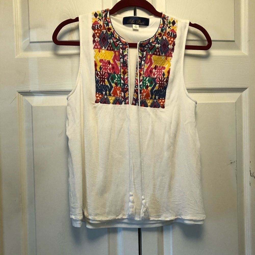 Blue Rain Embroidered Split Neck Tank Top